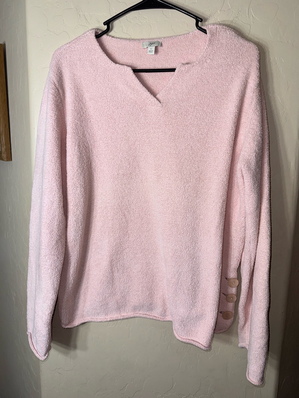 J.Jill Light Pink Textured Bouclé Sweater V-Neck Side Button Women’s Large